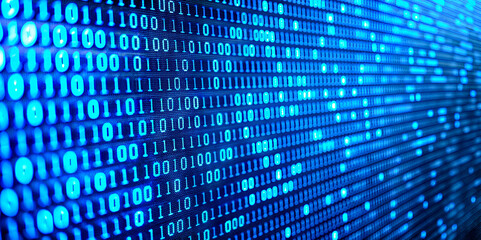 Fototapeta premium A blue digital background on a computer screen displaying binary data. The screen is filled with a stream of binary code, creating a high-tech, digital effect.