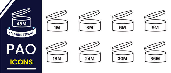 Pao icon, vector, symbol. Cosmetic icon, vector. Flat and line boxes with cap. Expiration month of cosmetics. 1M, 3M, 6M, 9M, 18M, 24M, 30M, 36M, 48 month expiry. Vector illustration
