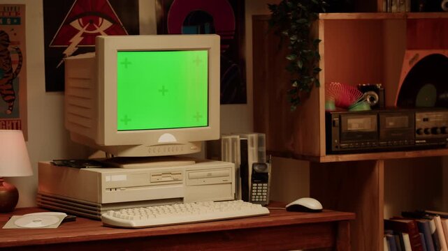 Retro PC with croma key green screen, Using vintage old computer. Dvd player, disc drive. Music recorder, playing retro computer games. 