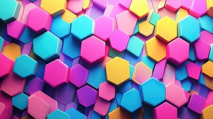 Dynamic geometric pattern of multicolored pentagons in vibrant shades of pink, blue, yellow, and purple, offering a striking visual design