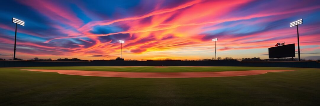 empty green grass playground, grand sport building digital 3D background advertisement background