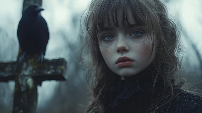 crow, cross and girl