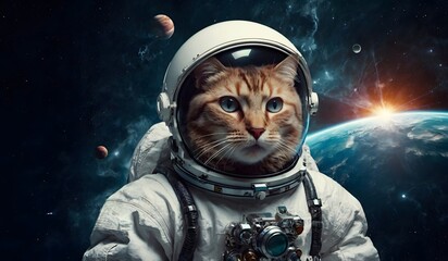 Science fiction space wallpaper with cat astronaut, incredibly beautiful planets, galaxies, dark and cold beauty of endless universe. Elements of this image furnished