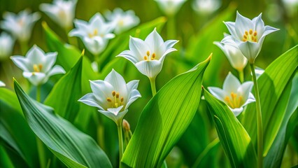 Fototapeta premium Delicate white petals and yellow centers of Sego lilies sway gently in the breeze amidst lush green foliage in a serene natural setting.