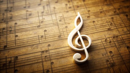 Delicate white treble clef symbol stands out against a subtle music sheet background, surrounded by faint staff lines and staves, evoking harmony and melody.