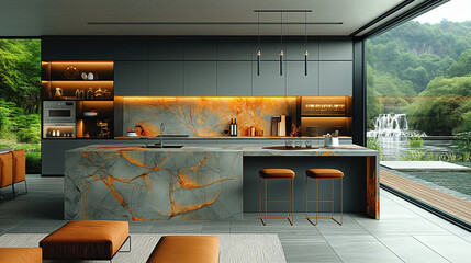 Modern kitchen with an island, featuring a gray and orange marble countertop with golden veins, illuminated by warm lighting. The kitchen is surrounded by modern furniture and large windows overlookin