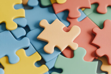 Fototapeta premium Colorful puzzle pieces scattered, vibrant hues of yellow, blue, green, pink, orange blend together on a textured surface, inviting creativity and engagement.