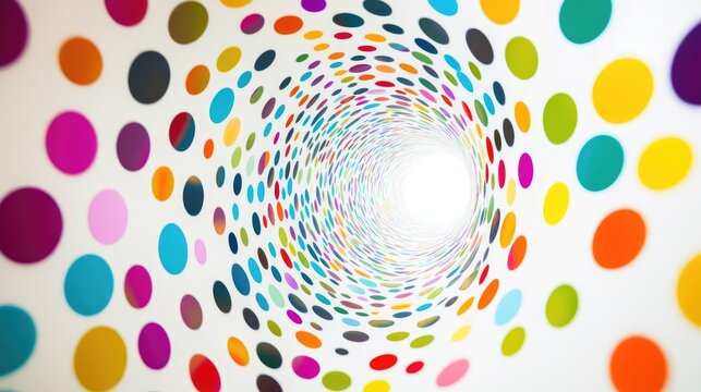 Radiant spiral of polka dots in vivid hues on a bright white background, blending dynamic movement with color