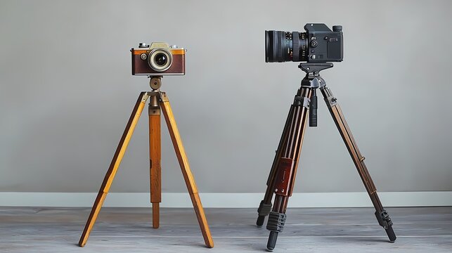 A vintage camera alongside a modern camera on tripods, showcasing photography evolution in a minimalist setting.