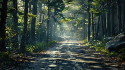 Obraz premium A winding dirt road amidst dense forest foliage
