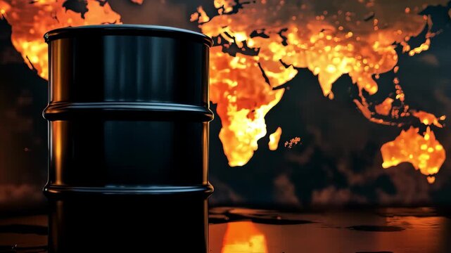 Black oil barrel standing on a burning world map background