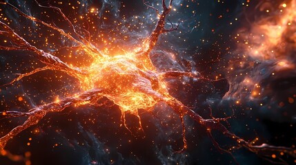 An abstract representation of a neuron, glowing with vibrant colors in a cosmic background, symbolizing connection and energy.