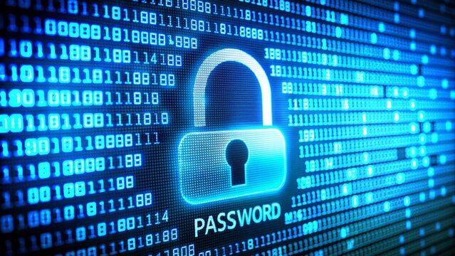 Digital padlock icon on a computer screen with a list of passwords and usernames, representing online data protection and cybersecurity measures.