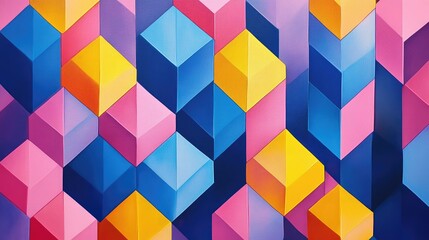 Vibrant repeating pentagon pattern in colorful shades of pink, blue, yellow, and purple, forming a bold abstract geometric image
