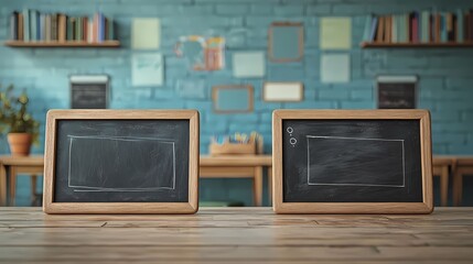 Chalkboards on a wooden table in a bright classroom. Ideal for educational concepts, teaching, or workspace themes.