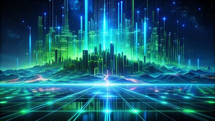 Distorted digital landscape with neon green glitch lines and pixels rupturing through a dark blue background, evoking a sense of futuristic technological malfunction.