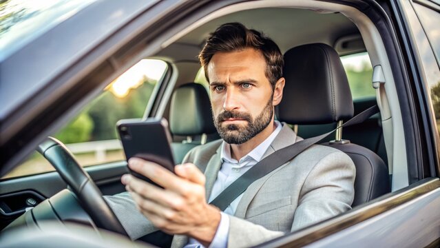 Distracted driver holding smartphone while operating vehicle, eyes fixed on screen instead of the road, posing a significant hazard to themselves and others.