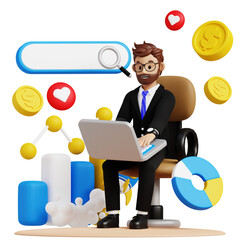 Business man browsing on laptop 3d character illustration