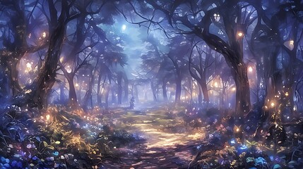 Enchanted Forest Illustration with Glowing Trees and Flowers