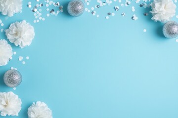 A beautiful flat lay of white flowers and silver decorations against a soft blue background, perfect for celebrations or events.