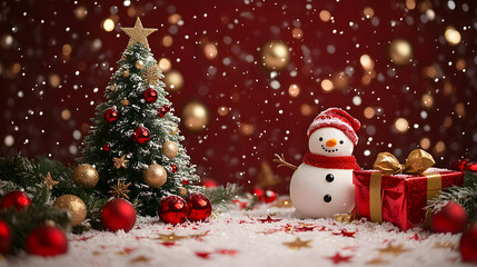 Fototapeta premium Christmas backdrop decorated with a Christmas tree and snowman with red and gold balls with copy space