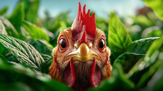 Chicken Peering Through Green Leaves
