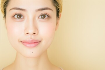 Obraz premium Radiant Asian Woman with Glowing Healthy Skin on Beige Background
