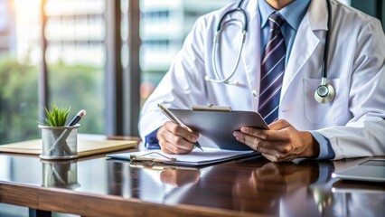 Doctor reviewing medical chart at desk with stethoscope and legal documents, blurred background of hospital or clinic, representing healthcare laws and regulations.