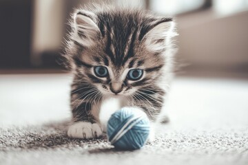 A playful kitten curiously explores a blue yarn ball, showcasing its adorable features and playful nature in a cozy indoor setting.