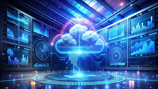 Dramatic digital illustration of a cloud computing system, featuring a futuristic dashboard with flashing graphs and charts, monitoring data traffic and server performance.
