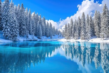 Fototapeta premium A serene winter landscape featuring a tranquil blue lake surrounded by snow-covered trees and bright blue skies.