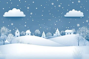 A serene winter landscape featuring snow-covered hills, cozy houses, and gentle snowfall against a calming blue sky.