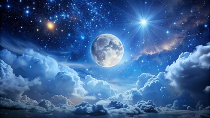 Fototapeta premium Dramatic night sky with full moon casting a silver glow amidst a canvas of twinkling stars and majestic, swirling clouds set against a deep blue backdrop.