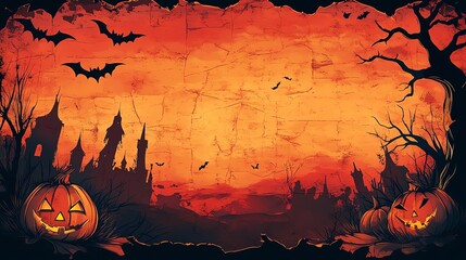 Halloween background with pumpkins, bats and a spooky castle silhouette.
