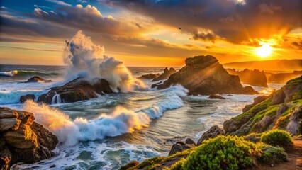 Obraz premium Dramatic ocean wave crashes against rugged coastline at sunset in Eureka, California, with misty spray and seaweed-covered rocks in the foreground.