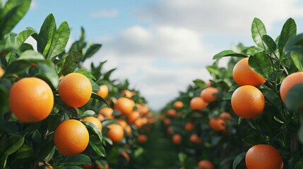 Ripe oranges on trees in a sunny orchard with blue sky
