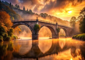 Obraz premium Atmospheric Passage: Arched bridge, mist-covered river, warm hues, romantic mood, atmospheric depth