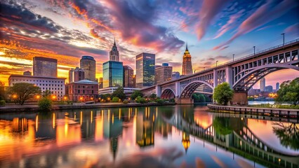 Dramatic sunset view of Cleveland's picturesque skyline featuring majestic steel bridges spanning the Cuyahoga River, with vibrant city lights beginning to twinkle.