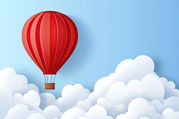 Fototapeta premium A vibrant red hot air balloon floating majestically in a clear blue sky amidst fluffy white clouds, evoking a sense of adventure and freedom.