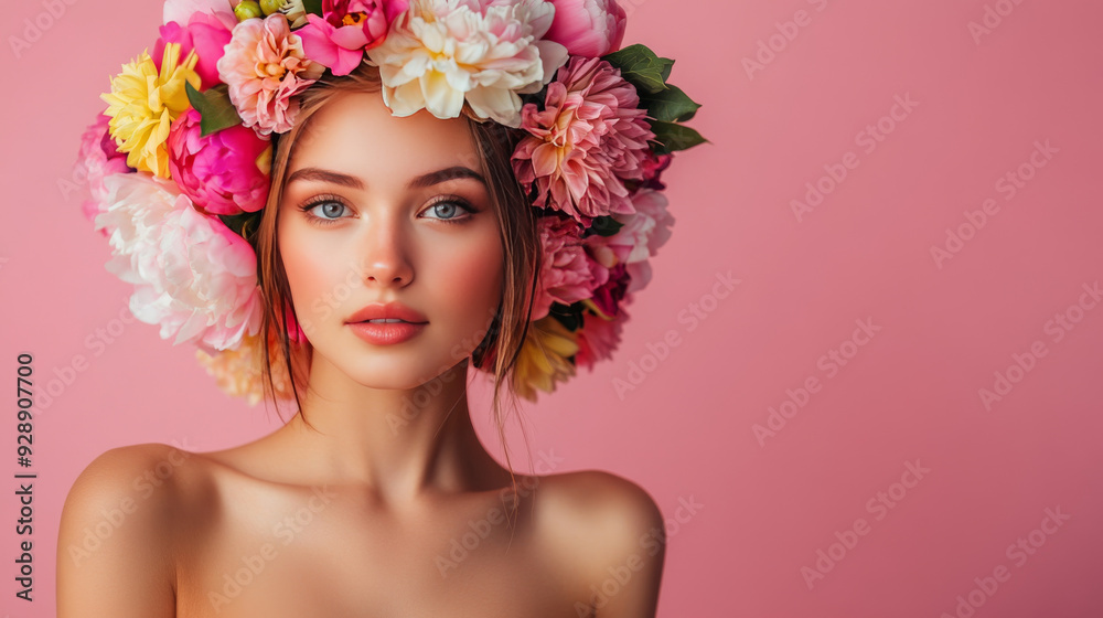 Wall mural a spring floral portrait featuring a young, beautiful woman adorned with a wreath of colorful peonie