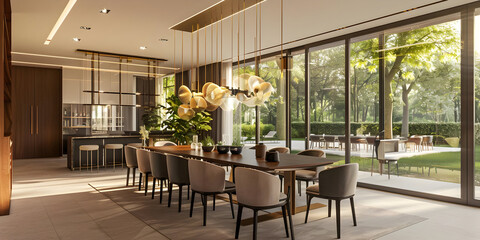 Fototapeta premium Modern Dining Room Interior Design with Large Window and Golden Chandelier - 3D Illustration