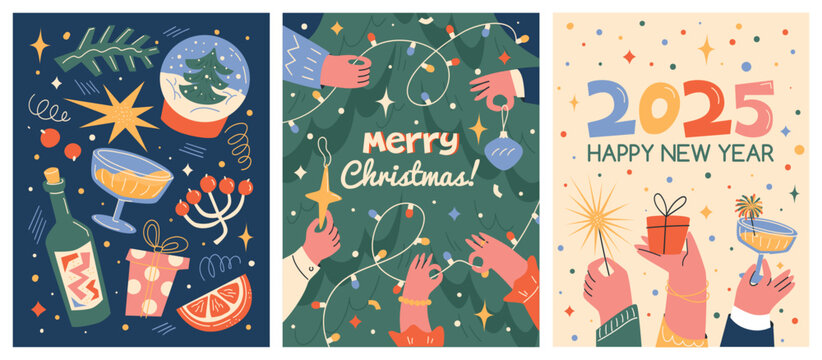 Merry christmas and happy 2025 new year posters template
