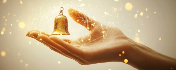 A golden bell rests gently in a hand, surrounded by a shimmering light.