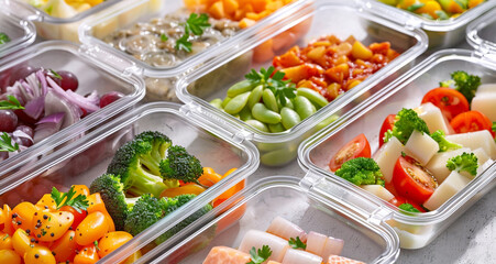 Organized meal planning with colorful fruits and vegetables neatly arranged in transparent storage boxes for frozen meal.
