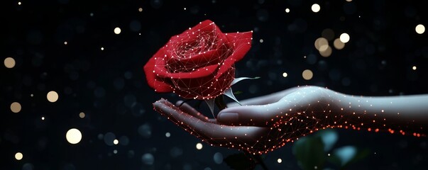 A hand gently cradles a single red rose against a backdrop of twinkling lights.