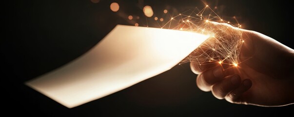 A hand holding a blank paper with glowing particles flying out.
