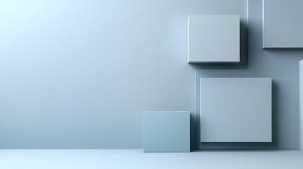 Fototapeta premium Minimalist Design with Light Grey Background and Three Blue Squares in Bottom Right Corner, Ample Copy Space on the Side for Text or Graphics, Ideal for Modern and Clean Layouts