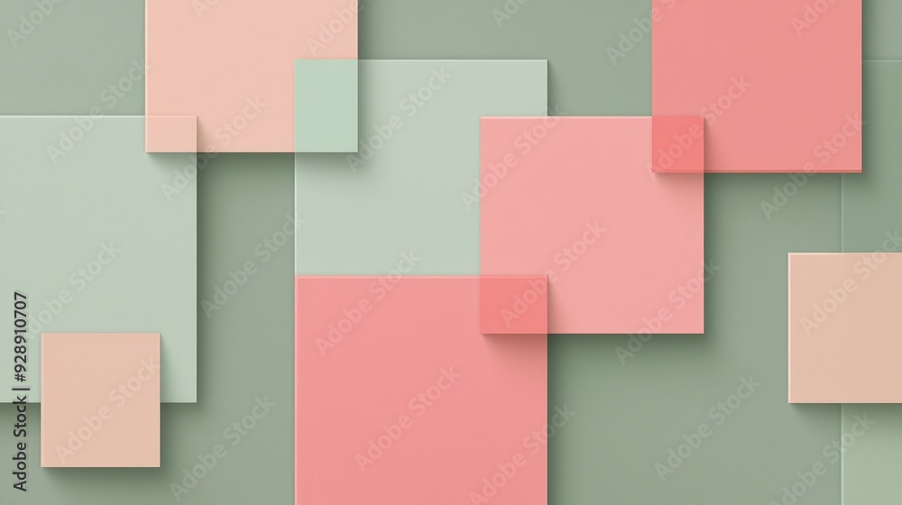 Poster Overlapping pastel squares in shades of peach and green create a modern and soothing composition on a muted background