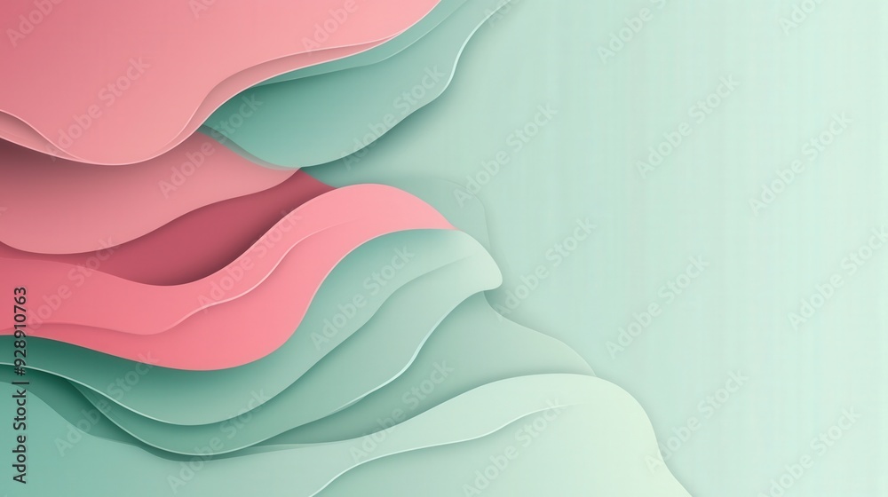 Poster gentle pastel layers intertwine, creating a calming abstract design with shades of pink and mint gre
