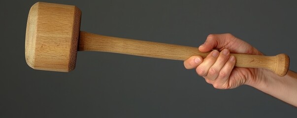 A hand holding a wooden mallet.